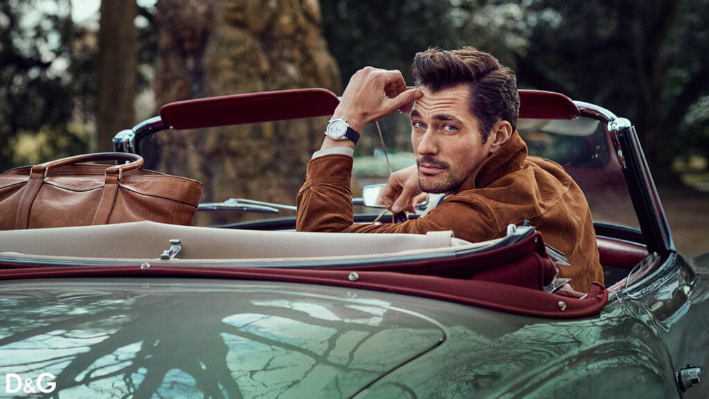 Dolce & Gabbana advertising David Gandy in classic Mercedes Benz in English country road.